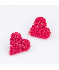 Spray Paint Wire Weaving Heart Design Ear Studs - Rose