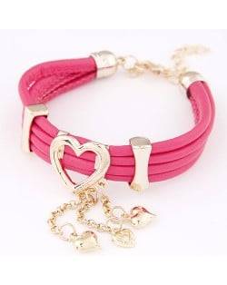 Korean Fair Lady Golden Hearts Fashion Leather Bracelet - Rose
