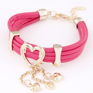 Korean Fair Lady Golden Hearts Fashion Leather Bracelet - Rose