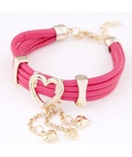 Korean Fair Lady Golden Hearts Fashion Leather Bracelet - Rose