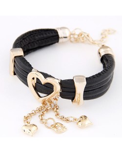 Korean Fair Lady Golden Hearts Fashion Leather Bracelet - Black