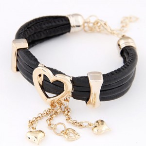 Korean Fair Lady Golden Hearts Fashion Leather Bracelet - Black