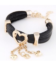 Korean Fair Lady Golden Hearts Fashion Leather Bracelet - Black