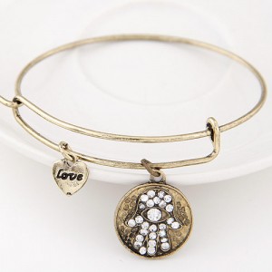 Vintage Hand of Fatima Plate with Love Heart Pendant Bangle - Copper