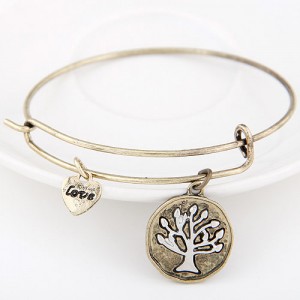 Vintage Tree of Life Plate with Love Heart Pendant Bangle - Copper