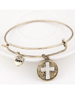 Vintage Hollow Cross Plate with Lover Heart Pendant Bangle - Copper