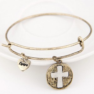 Vintage Hollow Cross Plate with Lover Heart Pendant Bangle - Copper