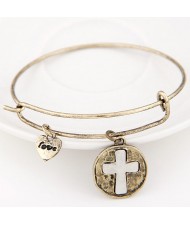 Vintage Hollow Cross Plate with Lover Heart Pendant Bangle - Copper