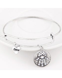 Vintage Hand of Fatima Plate with Love Heart Pendant Bangle - Silver