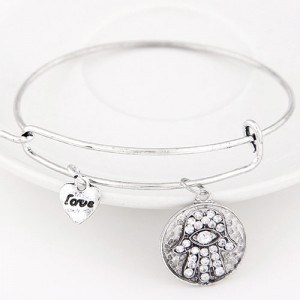 Vintage Hand of Fatima Plate with Love Heart Pendant Bangle - Silver