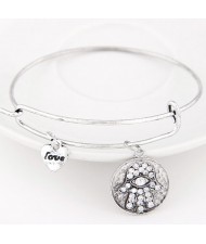 Vintage Hand of Fatima Plate with Love Heart Pendant Bangle - Silver
