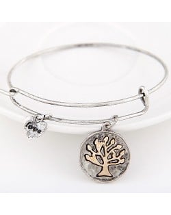 Vintage Tree of Life Plate with Love Heart Pendant Bangle - Silver