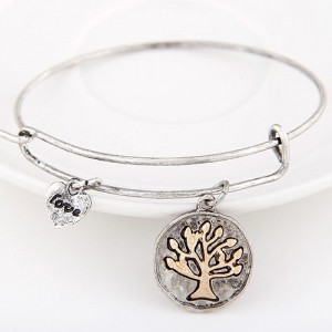 Vintage Tree of Life Plate with Love Heart Pendant Bangle - Silver