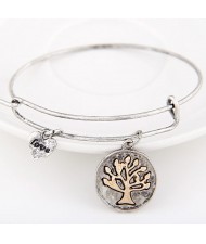 Vintage Tree of Life Plate with Love Heart Pendant Bangle - Silver