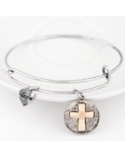 Vintage Hollow Cross Plate with Lover Heart Pendant Bangle - Silver