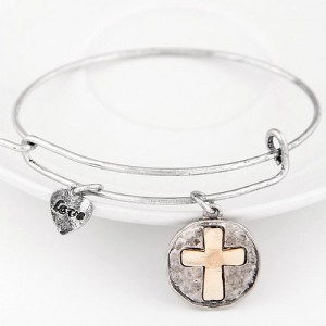 Vintage Hollow Cross Plate with Lover Heart Pendant Bangle - Silver