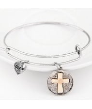 Vintage Hollow Cross Plate with Lover Heart Pendant Bangle - Silver