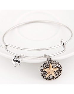 Vintage Starfish Plate with Love Heart Pendant Bangle - Silver