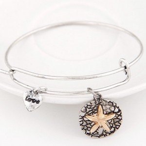 Vintage Starfish Plate with Love Heart Pendant Bangle - Silver