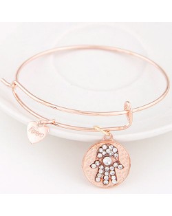 Vintage Hand of Fatima Plate with Love Heart Pendant Bangle - Rose Gold