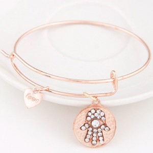 Vintage Hand of Fatima Plate with Love Heart Pendant Bangle - Rose Gold