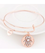 Vintage Hand of Fatima Plate with Love Heart Pendant Bangle - Rose Gold