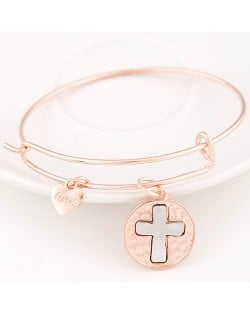 Vintage Hollow Cross Plate with Love Heart Pendant Bangle - Rose Gold