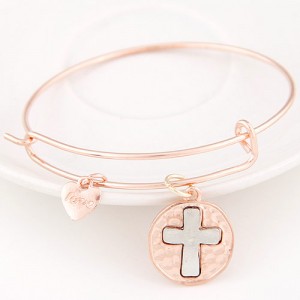 Vintage Hollow Cross Plate with Love Heart Pendant Bangle - Rose Gold