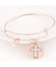 Vintage Hollow Cross Plate with Love Heart Pendant Bangle - Rose Gold