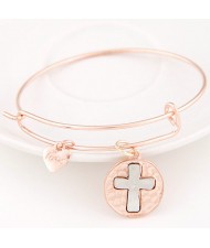 Vintage Hollow Cross Plate with Love Heart Pendant Bangle - Rose Gold