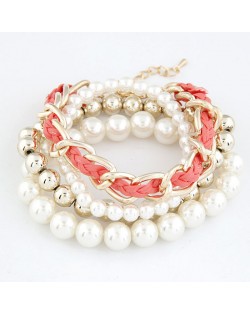 Multiple Layers Various Beads and Weaving Chain Design Bracelet - White and Pink