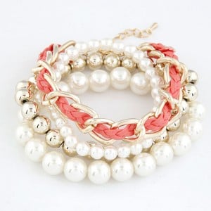 Multiple Layers Various Beads and Weaving Chain Design Bracelet - White and Pink