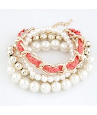 Multiple Layers Various Beads and Weaving Chain Design Bracelet - White and Pink