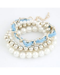 Multiple Layers Various Beads and Weaving Chain Design Bracelet - White and Blue