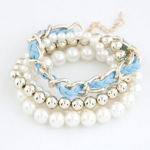 Multiple Layers Various Beads and Weaving Chain Design Bracelet - White and Blue