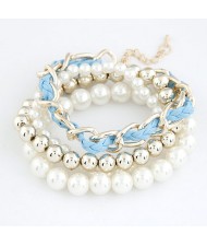 Multiple Layers Various Beads and Weaving Chain Design Bracelet - White and Blue