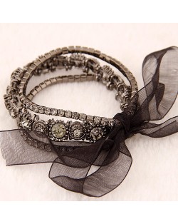 Vintage Baroque Fashion Rhinestone Embedded Multiple Layer with Ribbon Bowknot Bracelet - Gray