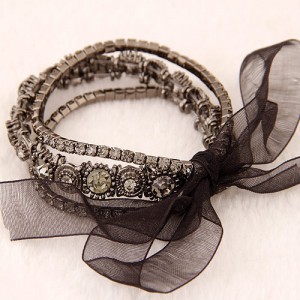 Vintage Baroque Fashion Rhinestone Embedded Multiple Layer with Ribbon Bowknot Bracelet - Gray