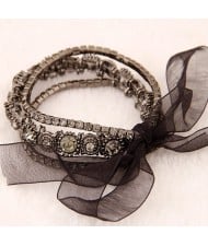 Vintage Baroque Fashion Rhinestone Embedded Multiple Layer with Ribbon Bowknot Bracelet - Gray