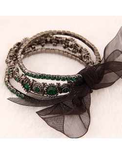 Vintage Baroque Fashion Rhinestone Embedded Multiple Layer with Ribbon Bowknot Bracelet - Ink Green