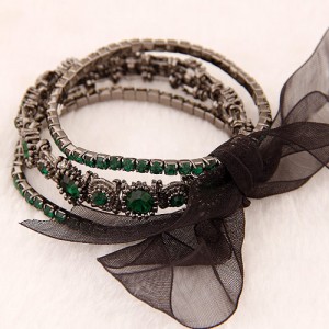 Vintage Baroque Fashion Rhinestone Embedded Multiple Layer with Ribbon Bowknot Bracelet - Ink Green
