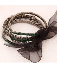 Vintage Baroque Fashion Rhinestone Embedded Multiple Layer with Ribbon Bowknot Bracelet - Ink Green