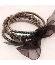 Vintage Baroque Fashion Rhinestone Embedded Multiple Layer with Ribbon Bowknot Bracelet - Ink Green