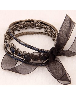 Vintage Baroque Fashion Rhinestone Embedded Multiple Layer with Ribbon Bowknot Bracelet - Ink Blue