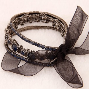 Vintage Baroque Fashion Rhinestone Embedded Multiple Layer with Ribbon Bowknot Bracelet - Ink Blue