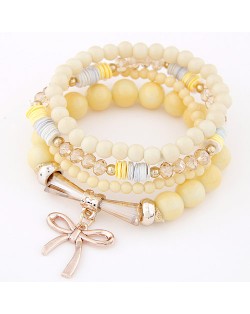 Korean Fashion Multi-layer Assorted Beads with Metallic Bowknot Bracelet - Yellow