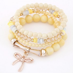 Korean Fashion Multi-layer Assorted Beads with Metallic Bowknot Bracelet - Yellow
