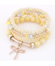 Korean Fashion Multi-layer Assorted Beads with Metallic Bowknot Bracelet - Yellow