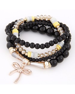 Korean Fashion Multi-layer Assorted Beads with Metallic Bowknot Bracelet - Black