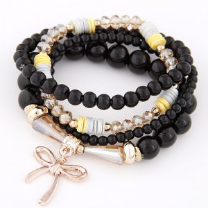 Korean Fashion Multi-layer Assorted Beads with Metallic Bowknot Bracelet - Black